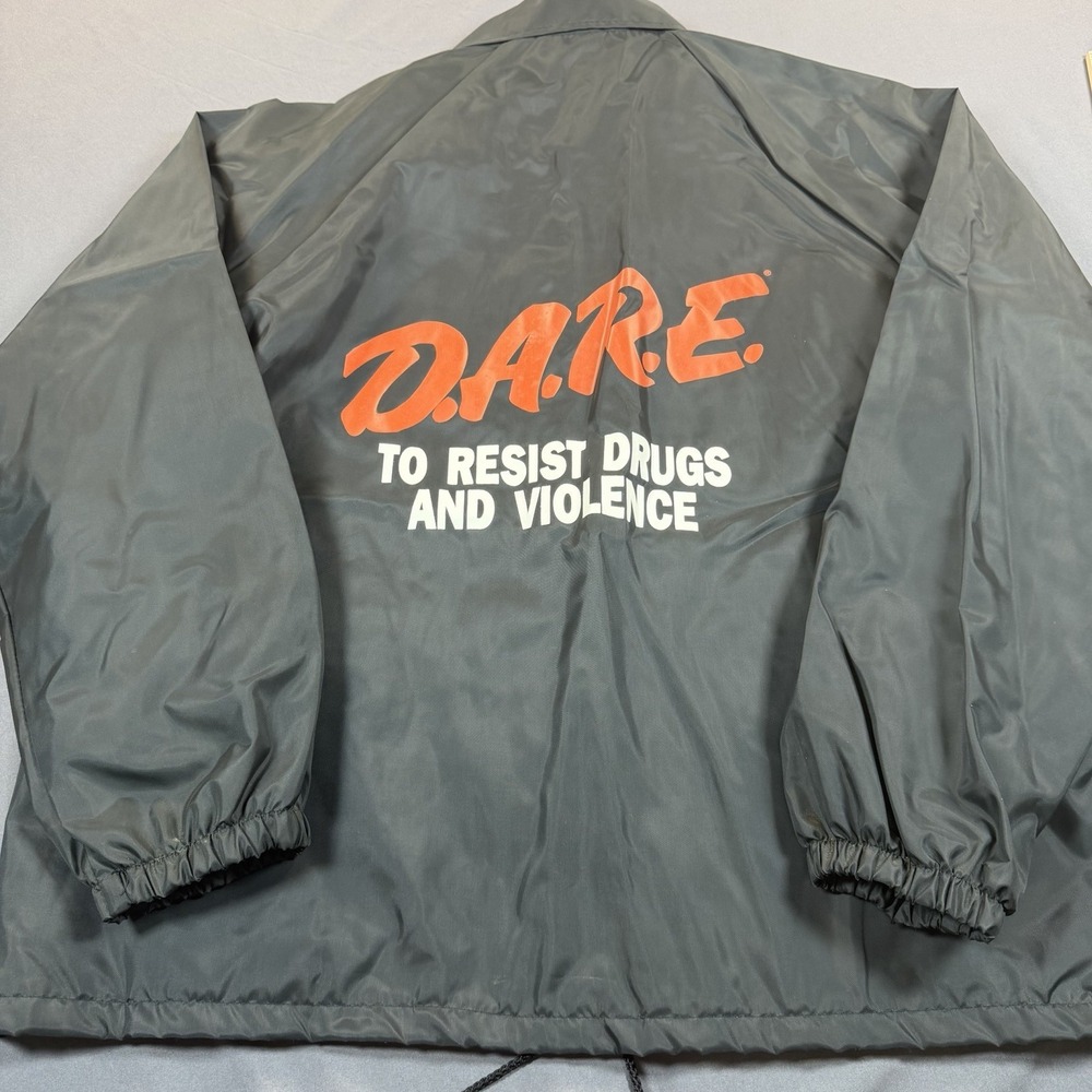 Vintage DARE Coaches Jacket Cardinal Black Made in USA Large Snap Windbreaker